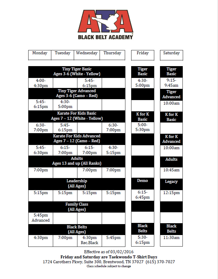  Schedule ATA Nashville Lee's ATA Martial Arts, Brentwood, TN